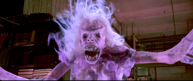 An angry ghost of an old lady mixed with angry skeleton is floating in air in the basement of the library.