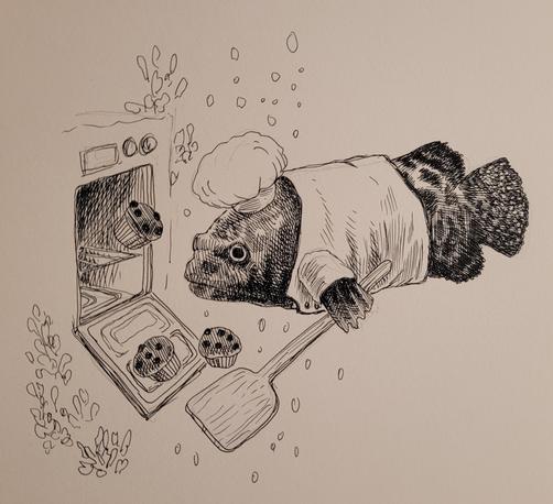Ink drawing of a fish (grouper) in a baker's outfit opening an oven and the muffins are floating out.