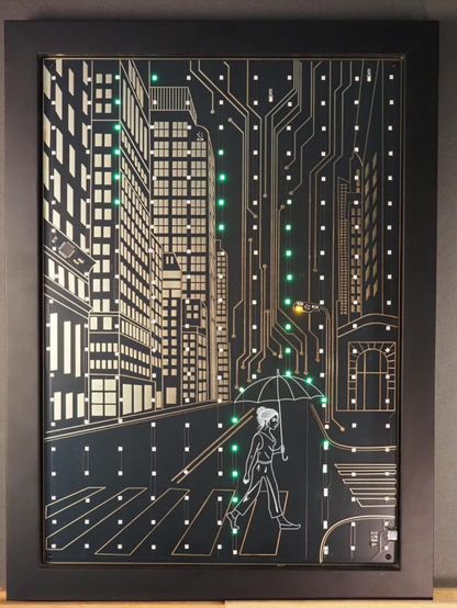 A circuit board of a city featuring a person crossing a street while being rained on by green LEDs. This description doesn't do it justice.