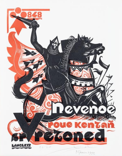 Lithographie de Langleiz, avec Nominoe sur un cheval, l'épée à la main, allant se battre contre les francais
"Nevenoe, roue kentañ ar vretoned" : Nominoe, premier roi des Bretons